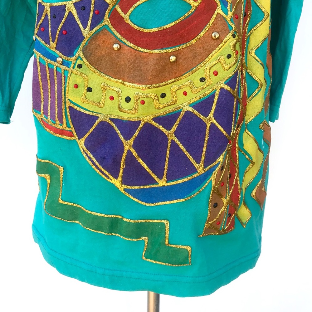 Vintage 80’s teal southwestern still life glitter puff paint novelty top shirt - Picture 5 of 9